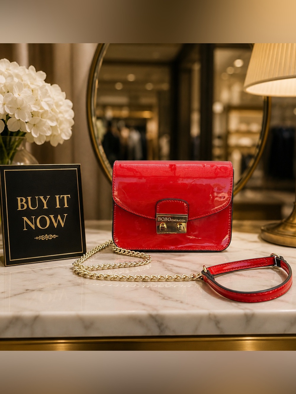 BCBG Red Patent Leather Mini Crossbody with Gold Chain